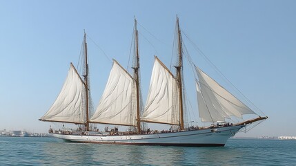 A Tall Ship Sailing on Calm Waters with White Sails