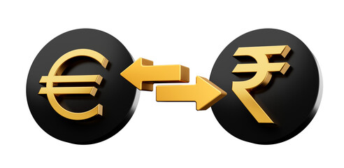 3d Golden Euro And Rupee Symbol On Rounded Black Icons With Money Exchange Arrows, 3d illustration
