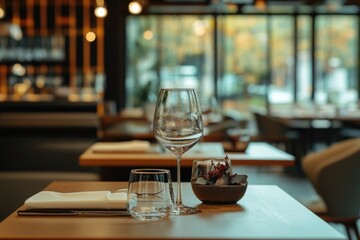 Table with a wine glass, two other glasses, a bowl, and a vase with flowers. The table is set for a meal or a gathering, and the table setting is elegant and inviting