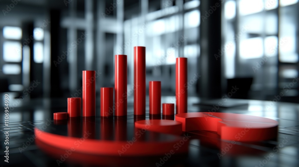 Poster A 3D graph displaying red bars, symbolizing data analysis and business performance metrics.