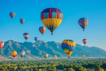 Fototapeta premium Colorful hot air balloons flying in the blue sky above a summer field, showcasing a vibrant and adventurous scene