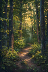 Obraz premium Golden Hour in the Forest: Serene Landscape Featuring Lush Greenery and a Meandering Pathway