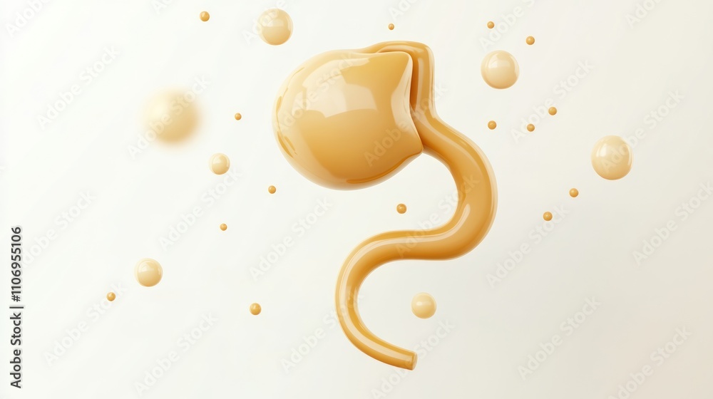 Poster a stylized representation of a sperm cell amidst smaller droplets.