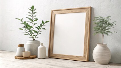 Fototapeta premium Minimalist Neutral-Toned Interior with Wooden Frame and Vases V5