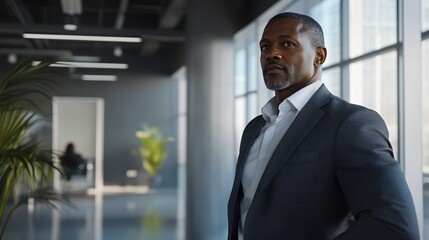 Fototapeta premium African American CEO in Modern Office Environment with Bright Windows and Indoor Plants