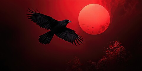Fototapeta premium Black crow flying over a red sun. The image has a dark and mysterious mood. The red sun and the black crow create a sense of danger and intrigue