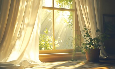 A sunlit window with curtains and a potted plant, creating a serene atmosphere.