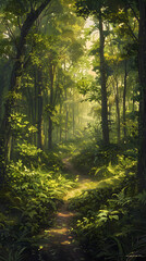 Obraz premium Golden Hour in the Forest: Serene Landscape Featuring Lush Greenery and a Meandering Pathway