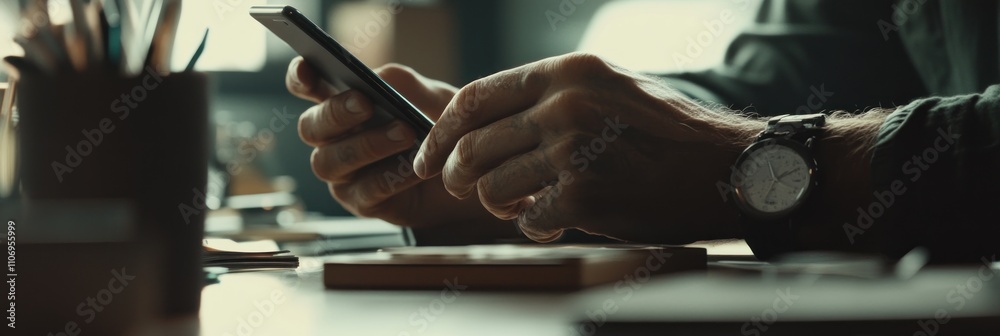 Poster A person using a smartphone while seated at a desk with various office supplies.