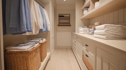 A tidy laundry room with shelves, baskets, and neatly hung clothes.