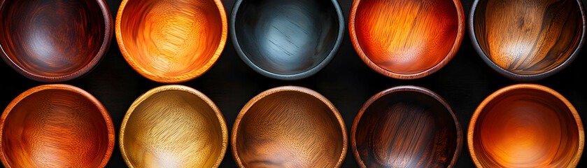 Wooden Bowls, A Collection of Richly Textured, Handcrafted Serving Dishes Arranged in a Symmetrical Pattern