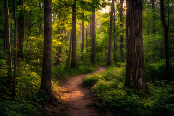 Naklejka premium Golden Hour in the Forest: Serene Landscape Featuring Lush Greenery and a Meandering Pathway