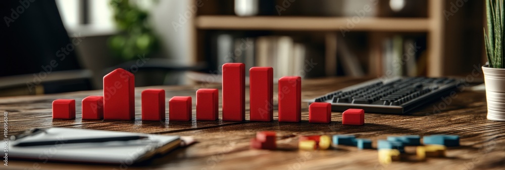 Poster a workspace with bar graphs, a keyboard, and stationery, suggesting data analysis or business planni