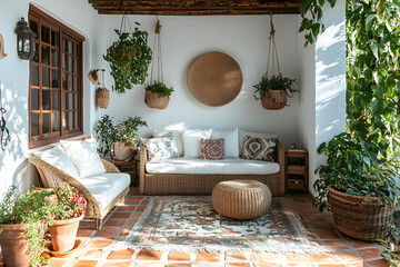 Fototapeta premium Mediterranean Courtyards: Lush Patio Living Spaces with Natural Wicker Furniture