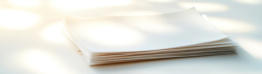 Stack of blank paper sheets illuminated by soft natural light, ideal for mockups or design projects.