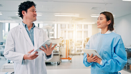 Clipboard, education or tablet with doctor and student in hospital for internship or learning....