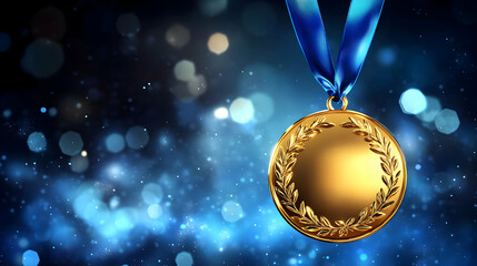 Golden Medal Award, Achievement, Victory, Triumph, Celebrated on Blue Sparkle Background