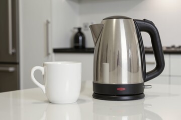Stainless steel electric kettle and white mug on kitchen counter.