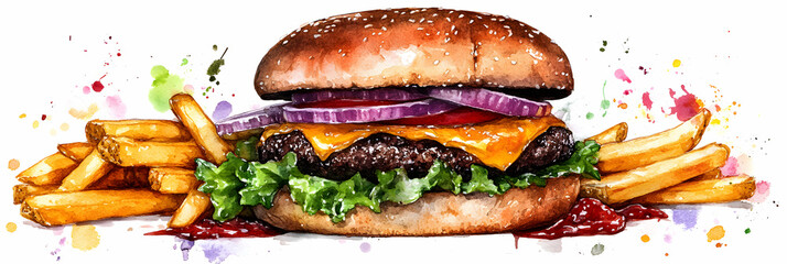 Juicy Watercolor Burger with Crispy Fries and Sauce