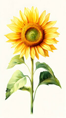 Fototapeta premium Watercolor Sunflower Illustration, Vibrant Yellow Petals, Green Leaves, Botanical Art