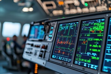 Naklejka premium aircraft technician avionics concept. Cockpit display with advanced avionics and flight data monitoring systems.