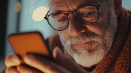 An older man is looking at his cell phone. He is wearing glasses and a sweater. Concept of nostalgia and the idea of staying connected with the world through technology