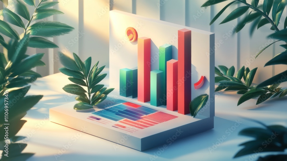 Fototapete A colorful 3D bar graph display surrounded by greenery, symbolizing data visualization.
