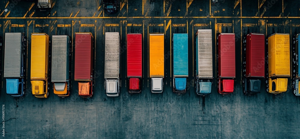Poster aerial view of parked trucks in various colors at a loading area.