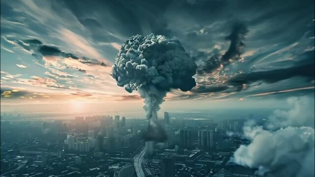 Extensive nuclear explosion in outdoor, mushroom cloud of nuclear weapons