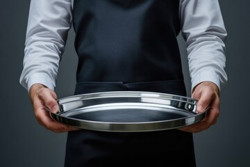 Man is holding a tray in his hand. He is wearing a black apron and a white shirt