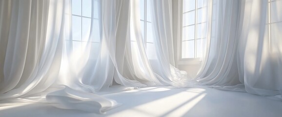 Obraz premium Bright, airy room with flowing white curtains and natural light.