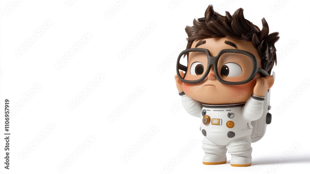Poster a cartoon character in a space suit with glasses, looking curious and adventurous.