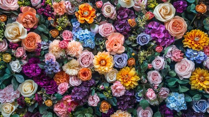 Vibrant multi-colored floral wall background featuring an array of bright blossoms in pink, yellow, purple, and orange hues, ideal for creative designs, events, and decorative themes