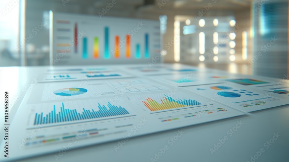 Fototapete a collection of analytical reports featuring various graphs and charts on a table.