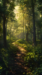 Obraz premium Golden Hour in the Forest: Serene Landscape Featuring Lush Greenery and a Meandering Pathway