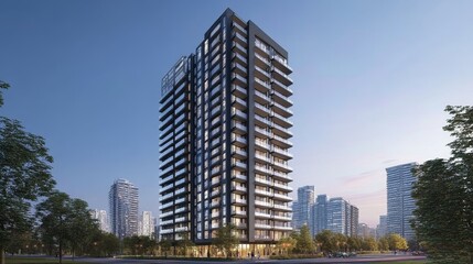 Obraz premium Modern, Sleek, Black-Faced Residential High-Rise Tower in Urban Setting