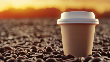 A warm coffee cup rests amid a bed of roasted beans at sunrise. The soft golden lighting highlights the coffee cup's texture, emphasizing the essence of warmth, freshness, and an energizing start