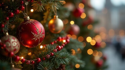 Fototapeta premium Festive Christmas Tree Adorned With Red and Gold Ornaments Radiating Holiday Cheer