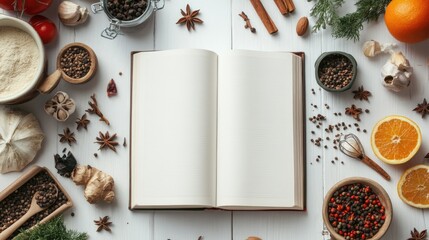 Obraz premium Book is open on a table with various spices and fruits. The spices include cinnamon, cloves, and nutmeg, while the fruits include oranges and apples. Concept of warmth and comfort, as the spices