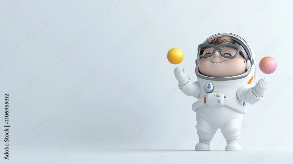 Poster a cute character in a spacesuit juggling colorful balls, conveying playfulness and creativity.