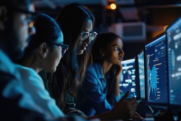 Group of people are working on a computer screen, with one woman pointing at the screen. Scene is focused and collaborative, as the group works together to solve a problem or complete a task