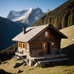 Gebirge - Einsame Bergh&uuml;tte umgeben von Almwiesen