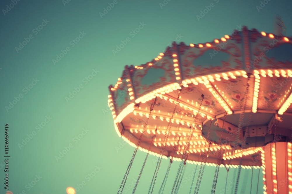 Aufkleber a colorful carousel ride illuminated by lights against a twilight sky.