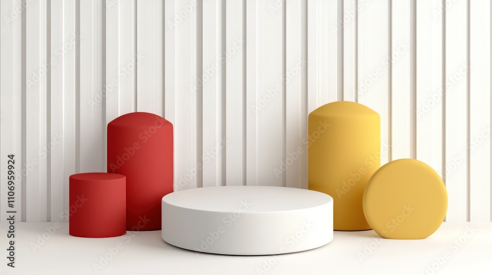 Poster a minimalistic arrangement of geometric shapes in red, yellow, and white against a textured backgrou