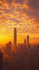 A breathtaking city skyline at sunset, with tall buildings silhouetted against a vibrant orange and gold sky, capturing the essence of urban beauty and life for landscapes.