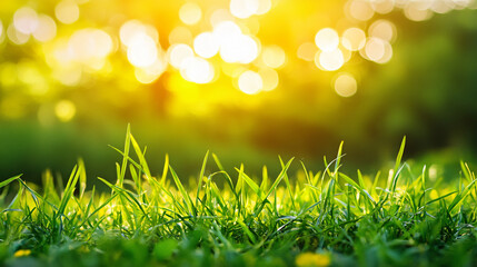 Obraz premium Close-up of lush green grass with sunshine creating bokeh effects in a blurred background, capturing the essence of a serene natural environment for lifestyle.