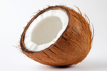 Close up shot coconut with coconut shell isolated on white background, Selective focus cut coconut with white edible part, Tropical fruit at the beach.