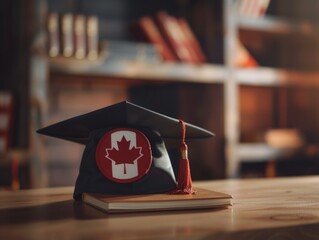 Canadian graduation cap sits on a desk with a book. The cap is red and white with a maple leaf emblem. Scene is celebratory and proud