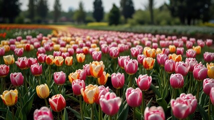 Vibrant pink, orange, and yellow tulips in a vast field, extending to a blurred background of greenery and trees.