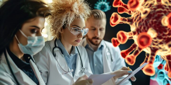 Three doctors are looking at a computer screen with a virus on it. They are wearing masks and gloves